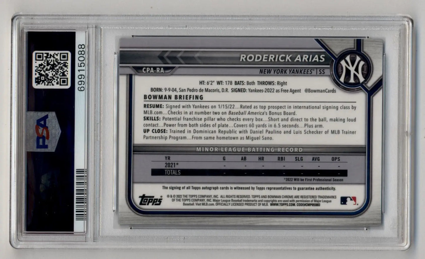 Graded Roderick Arias 2022 Bowman Chrome Blue RayWave Refractor Auto PSA 9