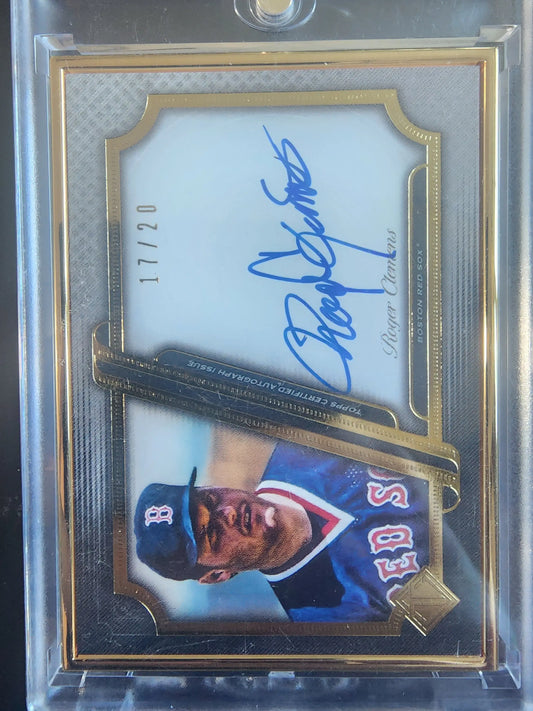 Baseball trading card of Roger Clemens with blue autograph on Topps Transcendent Framed Auto