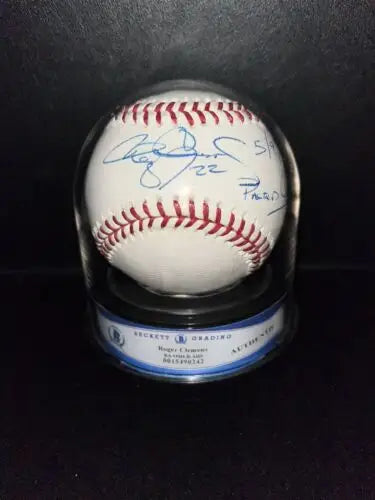 Autographed Roger Clemens Signed Baseball in display case with Passed Carlton inscription