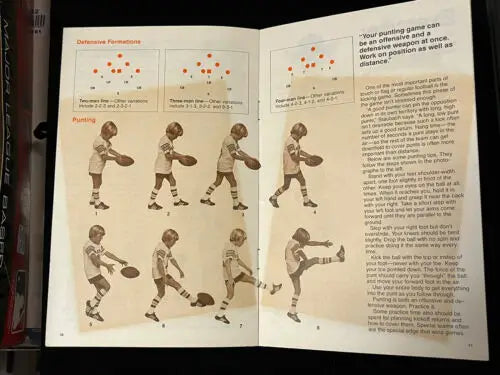 Open instructional book showcasing Roger Staubach’s play touch football techniques