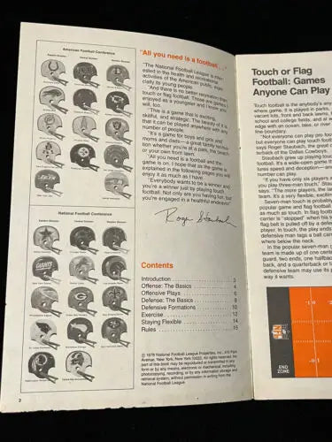 Vintage football rulebook from Roger Staubach’s Dallas Cowboys pamphlet on how to play touch football