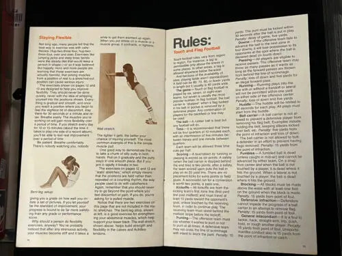 Open book with fitness instructions from Roger Staubach Dallas Cowboys pamphlet on how to play touch football