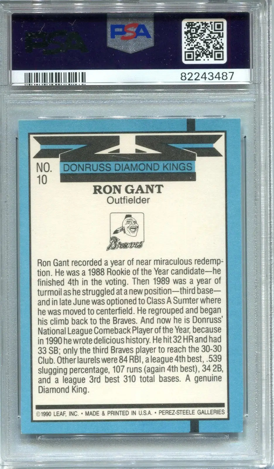 Graded 1990 Donruss Diamond Kings Ron Gant baseball card with autograph PSA 7 DNA 9
