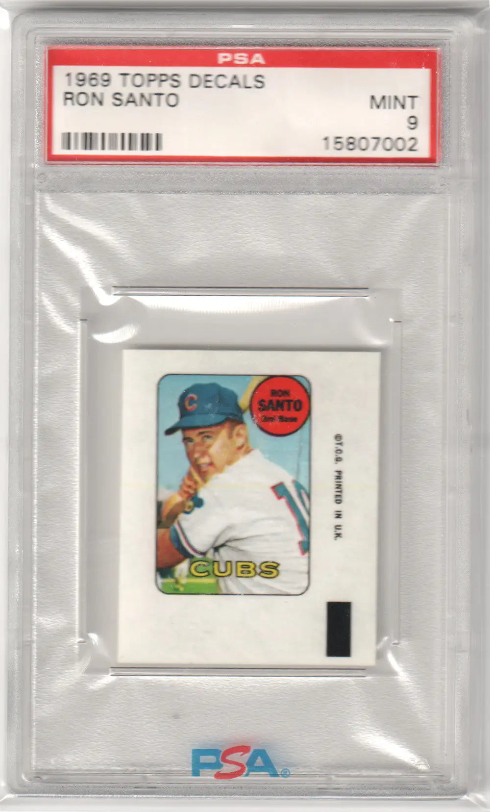 Graded Ron Santo baseball decal from Topps Decals featuring Columbia Hobby authenticity