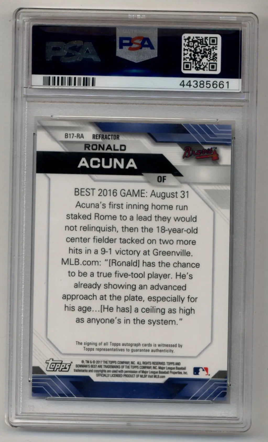 Graded Ronald Acuna Jr auto refractor baseball trading card PSA 10 Gem Mint