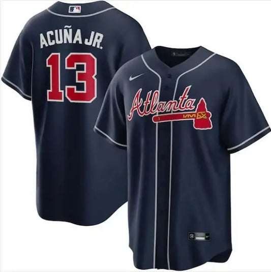 Atlanta Braves Ronald Acuña Jr. navy replica player jersey displayed on a product listing