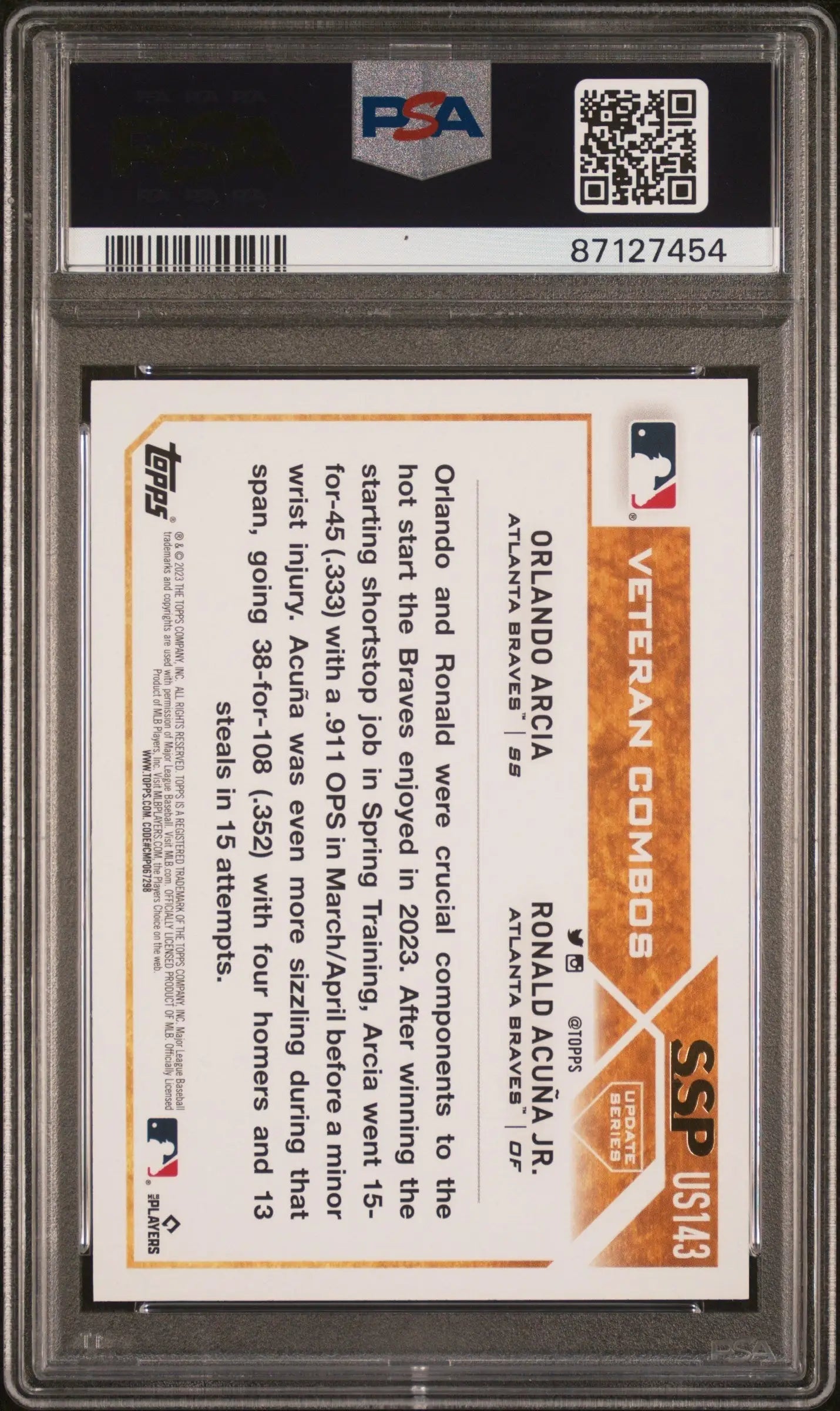 Baseball card of Orlando Arcia and Ronald Acuña Jr. in PSA slab from Topps Update Golden Mirror SSP