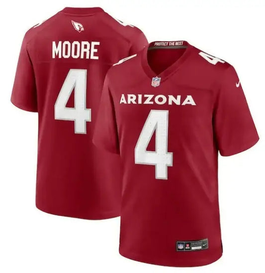 Two red Arizona Cardinals Nike Game Player jerseys with number 4 and Moore on back