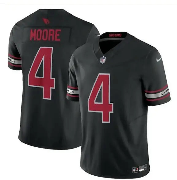 Black NFL football jersey with red number 4 and MOORE on the back, Arizona Cardinals Nike Vapor F.U.S.E. Limited Jersey
