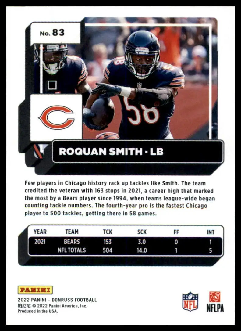 Roquan Smith football card from 2022 Donruss Chicago Bears product display