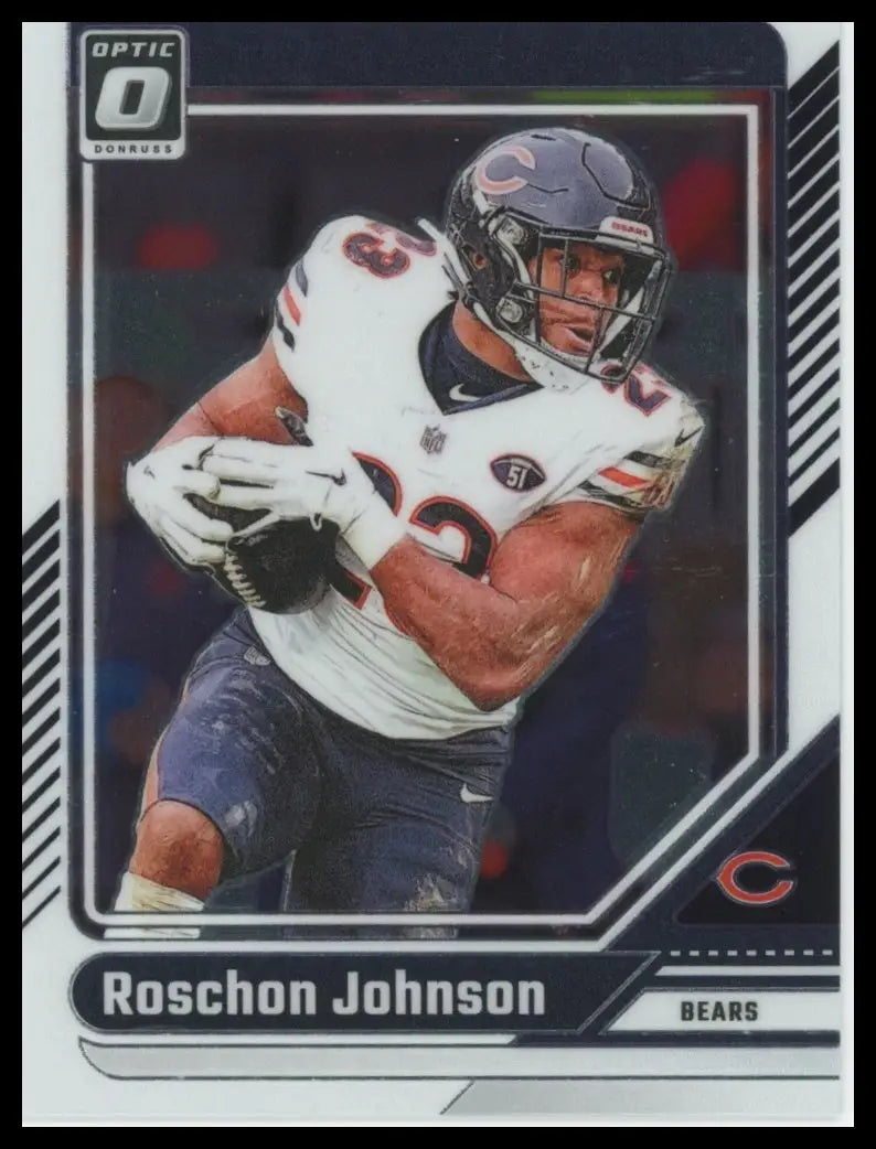 Donruss Optic Roschon Johnson football card featuring Chicago Bears player in uniform holding football