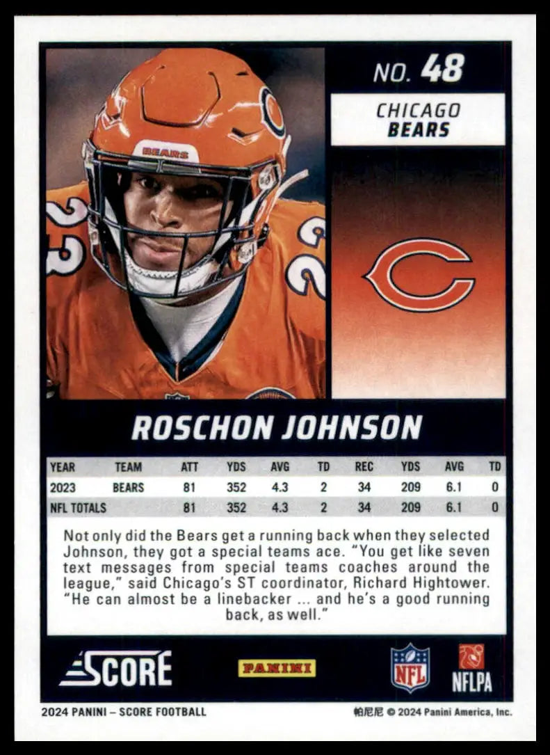 2024 Panini Score Football trading card of Roschon Johnson Chicago Bears product