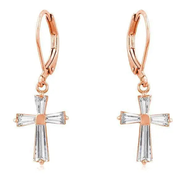 Rose Gold Plated CZ Cross Drop Earrings - Earrings