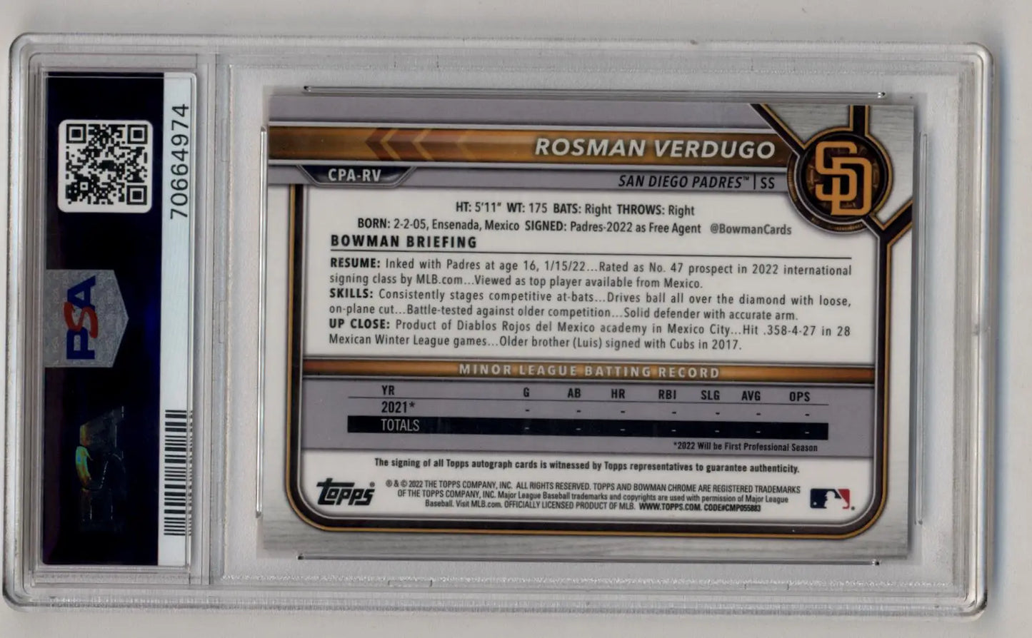 Graded Rosman Verdugo 2022 Bowman Chrome Prospects Orange Refractor Auto 18/25 PSA 9