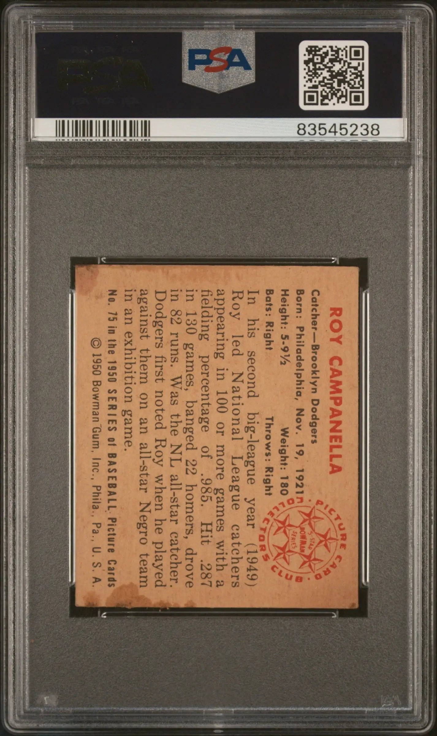 PSA-graded Roy Campanella 1950 Bowman #75 baseball card reverse side with stamp