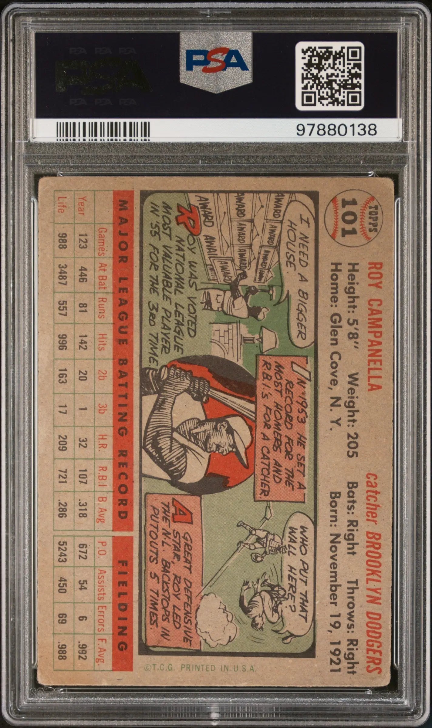 Vintage Roy Campanella 1956 Topps baseball card in protective slab PSA 3 Very Good