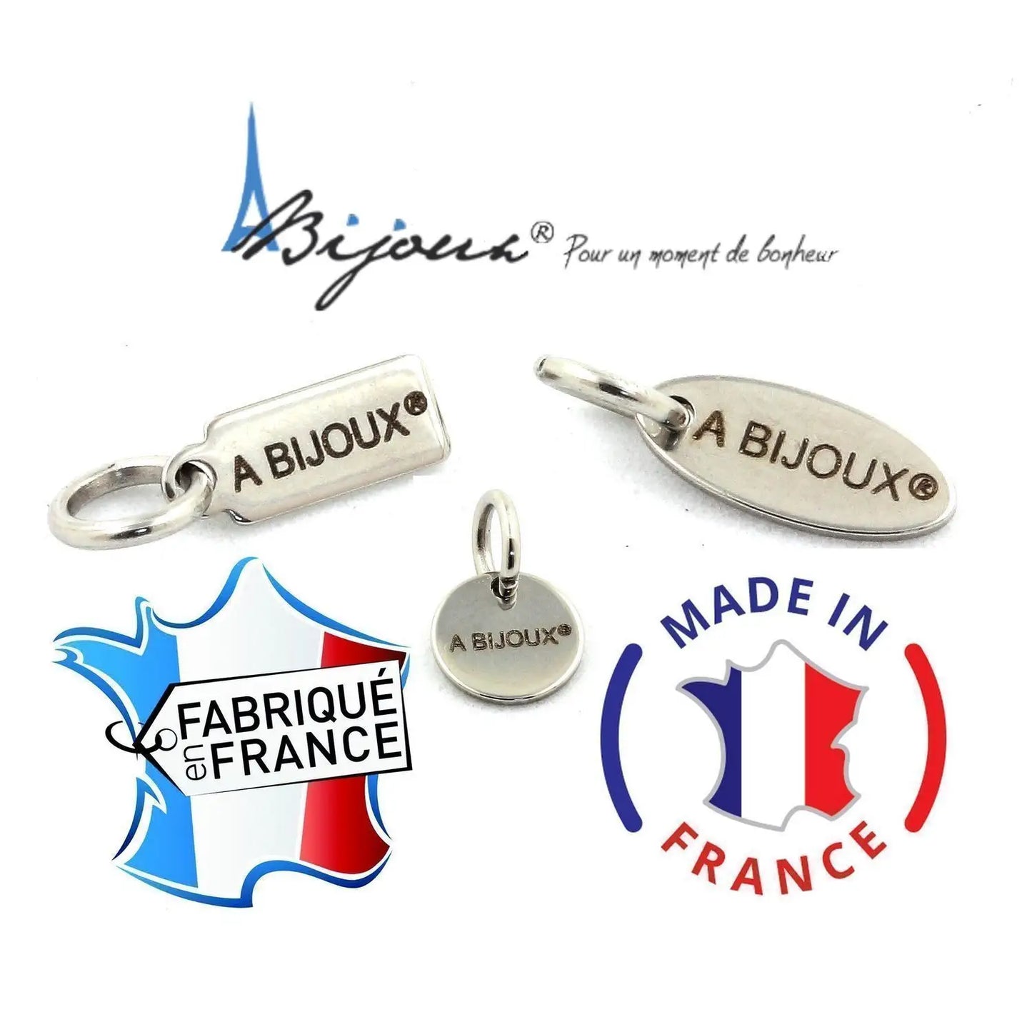 Silver jewelry charms and Made in France labels for Ruby Burma and Red Tigers Eye bracelet