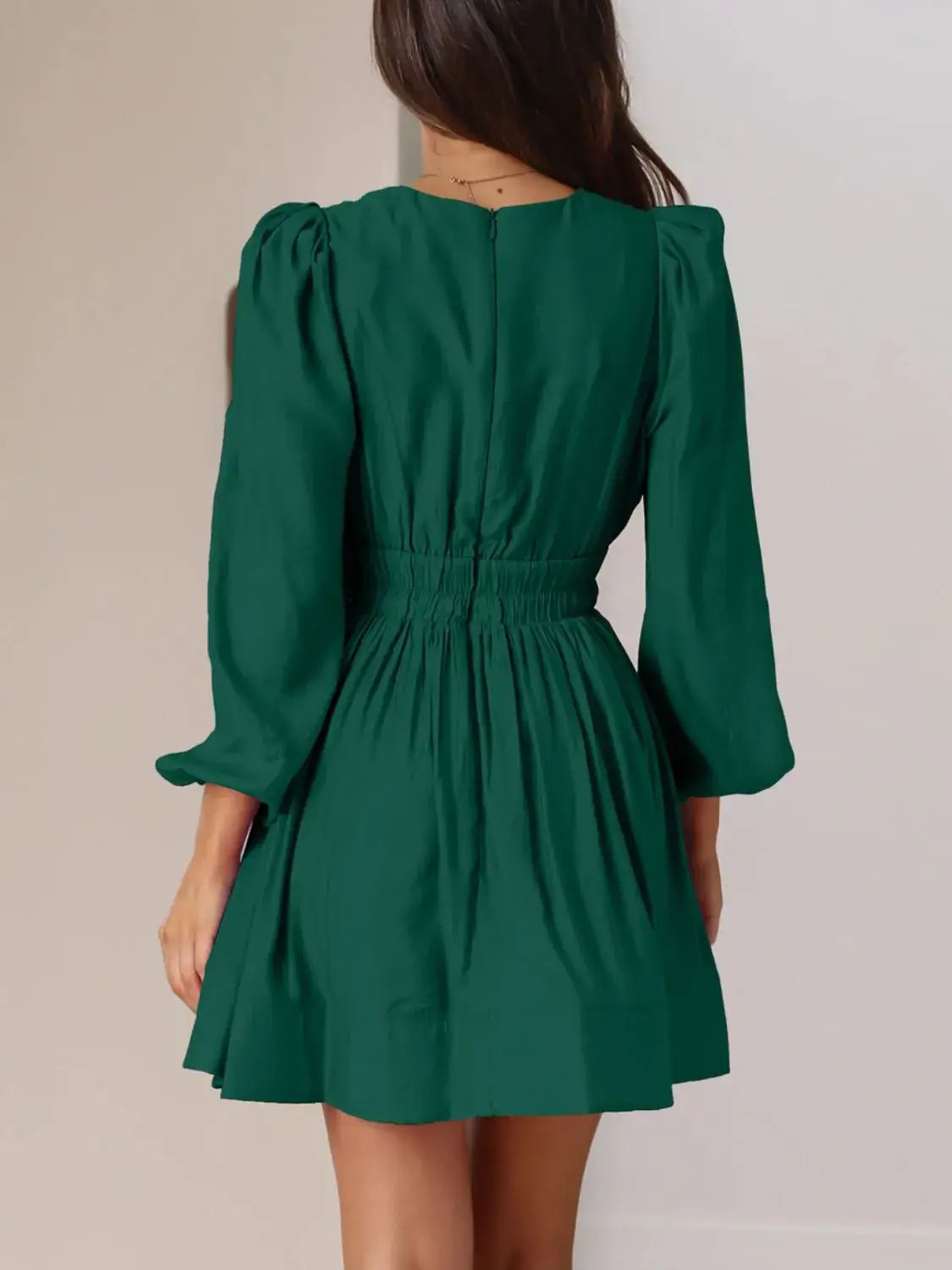 Ruched V-Neck Balloon Sleeve Mini Dress - dress