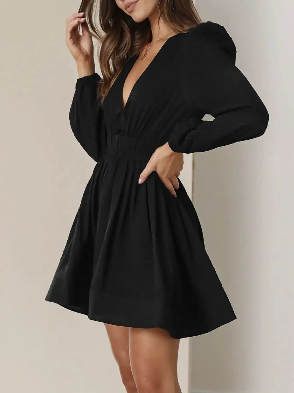 Ruched V-Neck Balloon Sleeve Mini Dress - dress