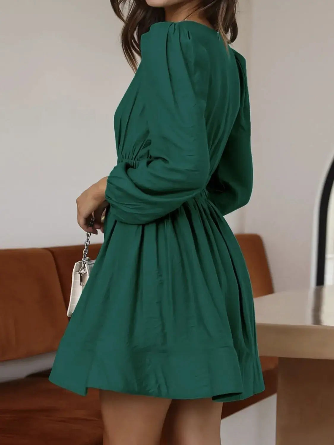 Ruched V-Neck Balloon Sleeve Mini Dress - dress