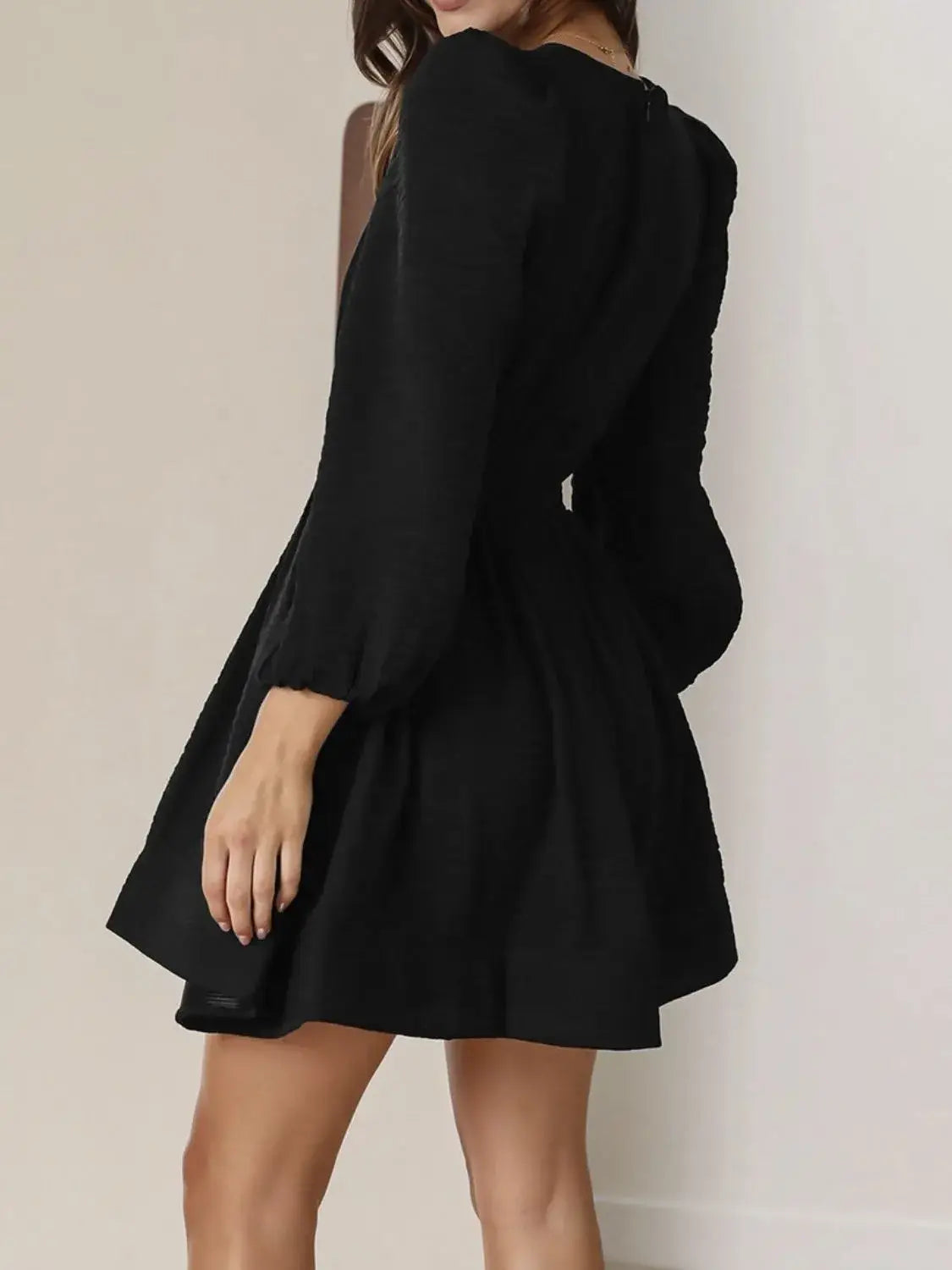 Ruched V-Neck Balloon Sleeve Mini Dress - dress