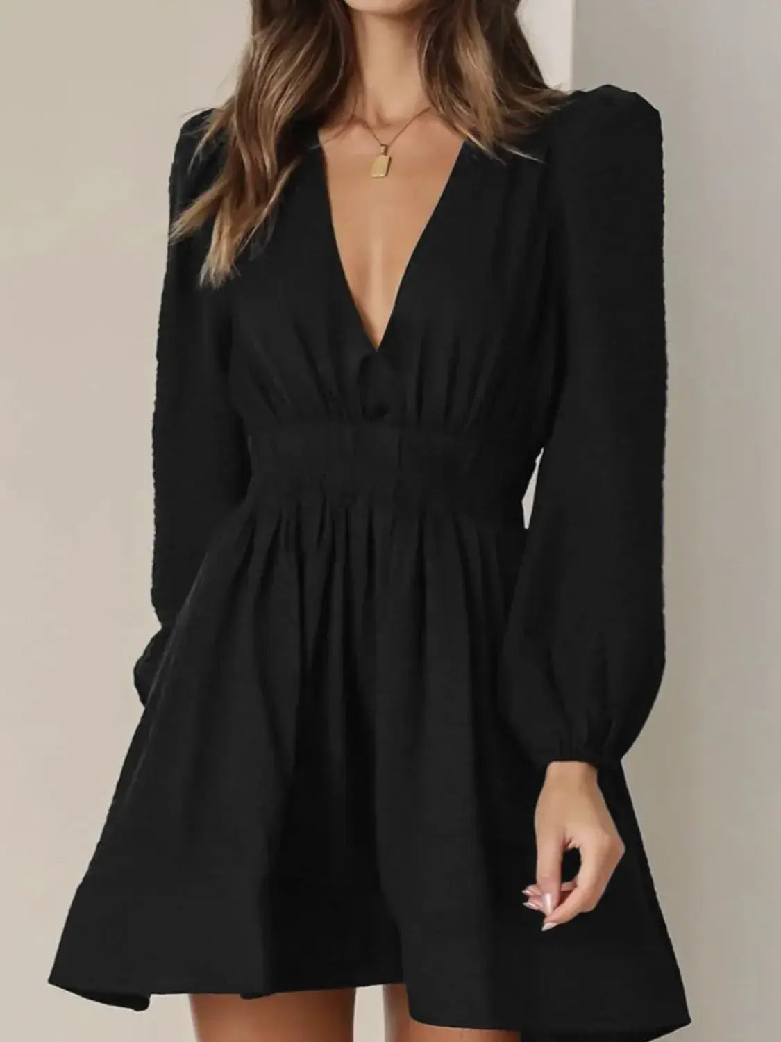 Ruched V-Neck Balloon Sleeve Mini Dress - dress