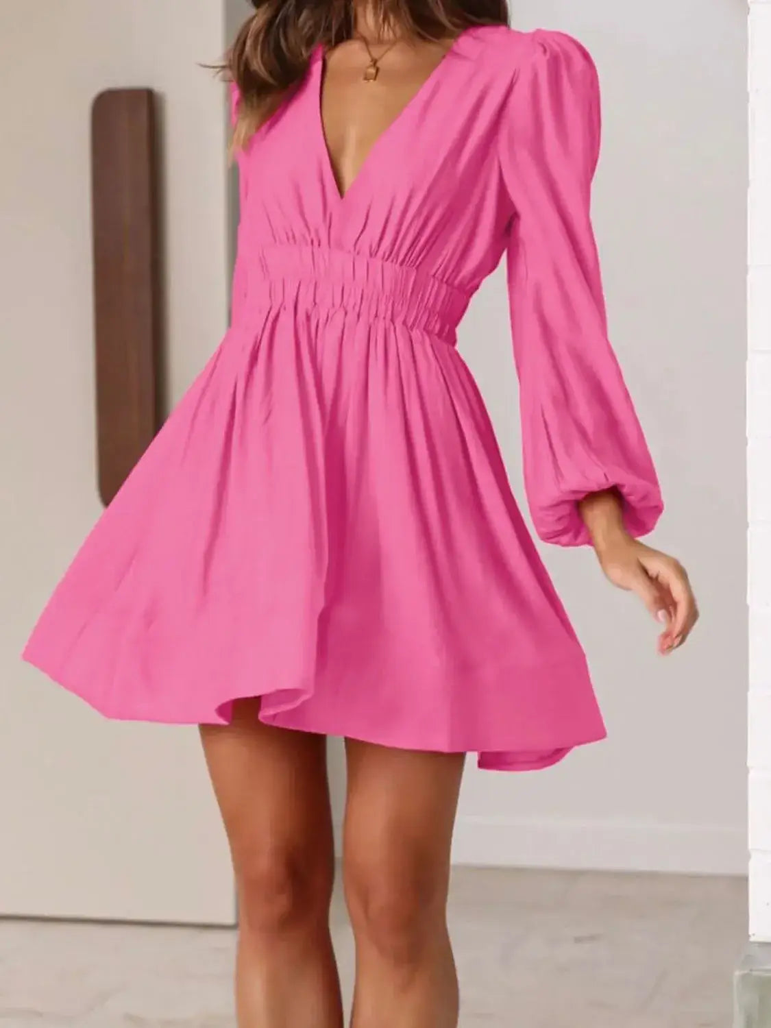 Ruched V-Neck Balloon Sleeve Mini Dress - dress