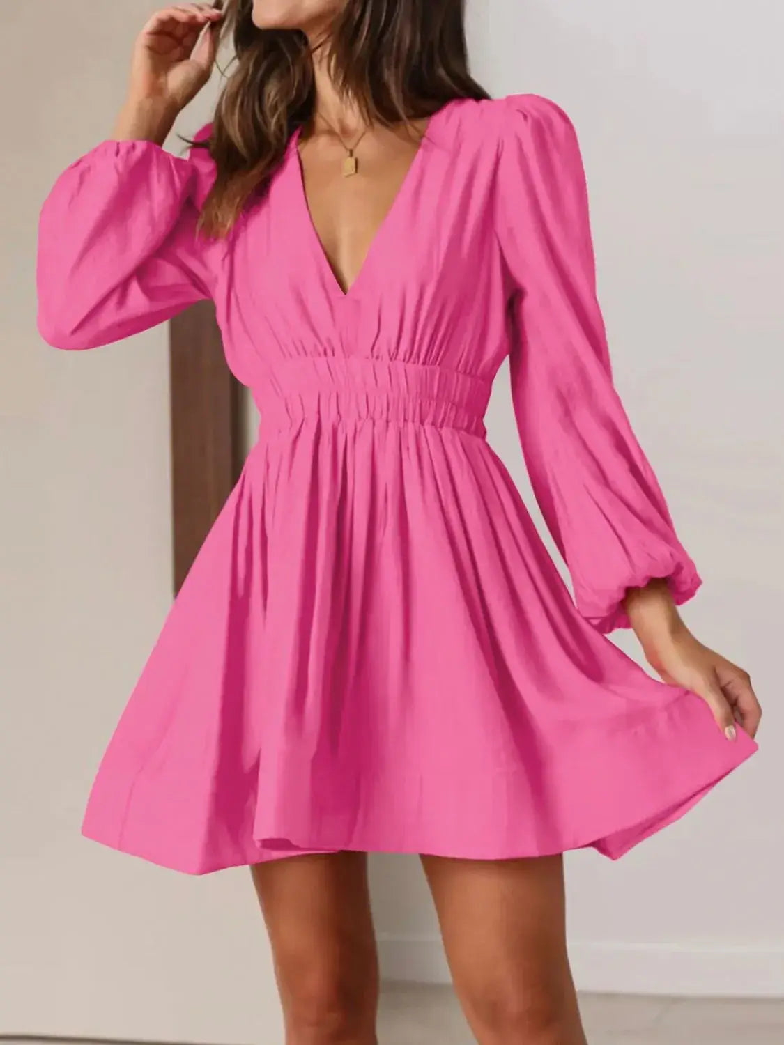 Ruched V-Neck Balloon Sleeve Mini Dress - dress