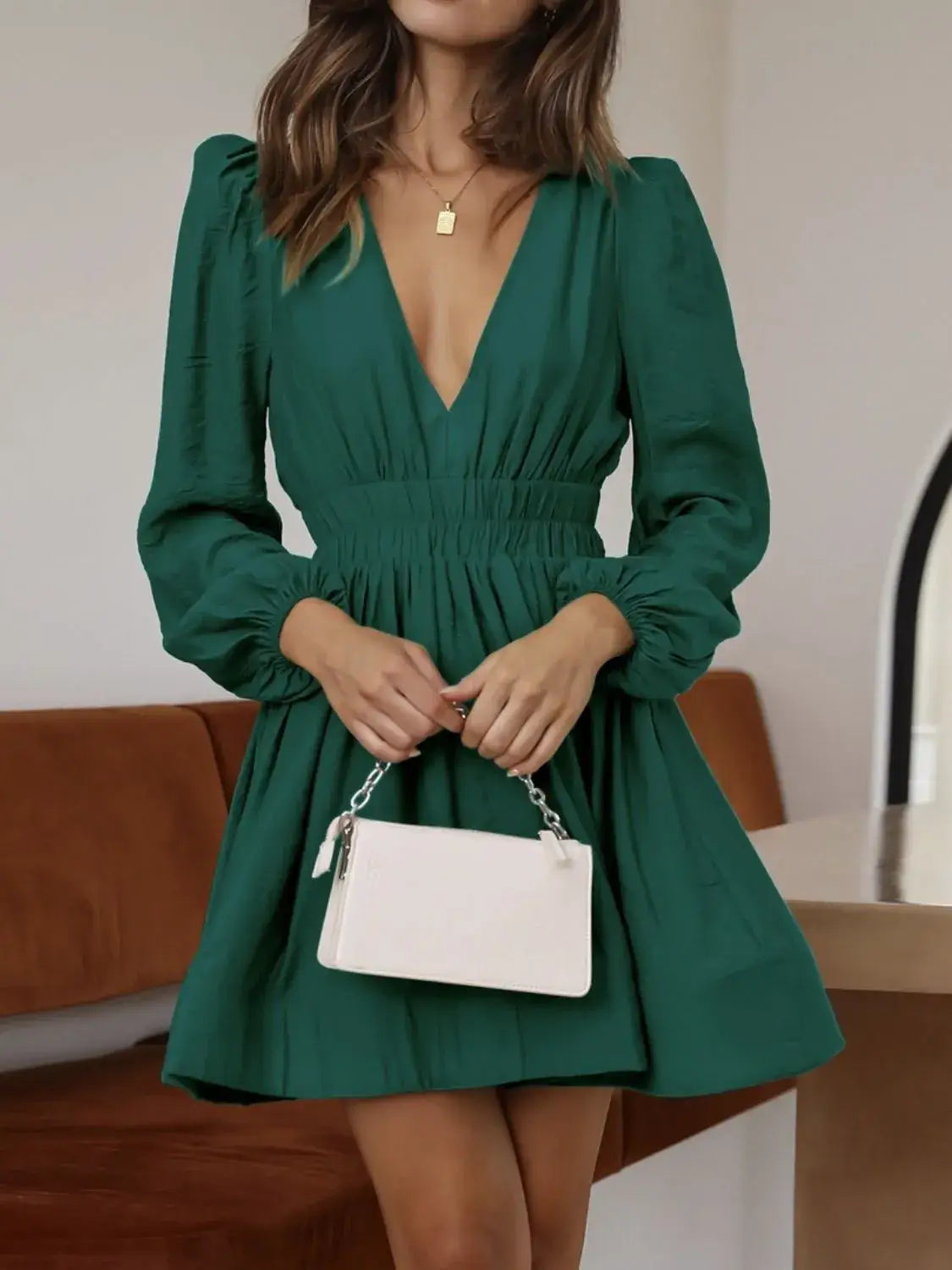 Ruched V-Neck Balloon Sleeve Mini Dress - Dark Green / M - dress