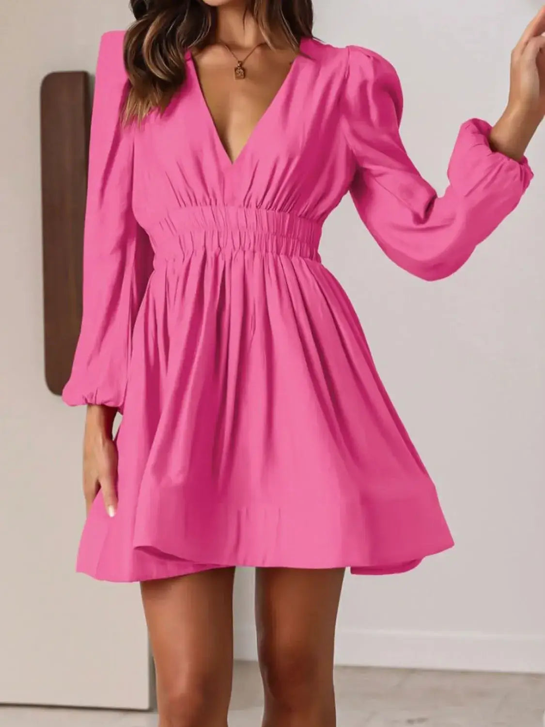 Ruched V-Neck Balloon Sleeve Mini Dress - Pink / M - dress