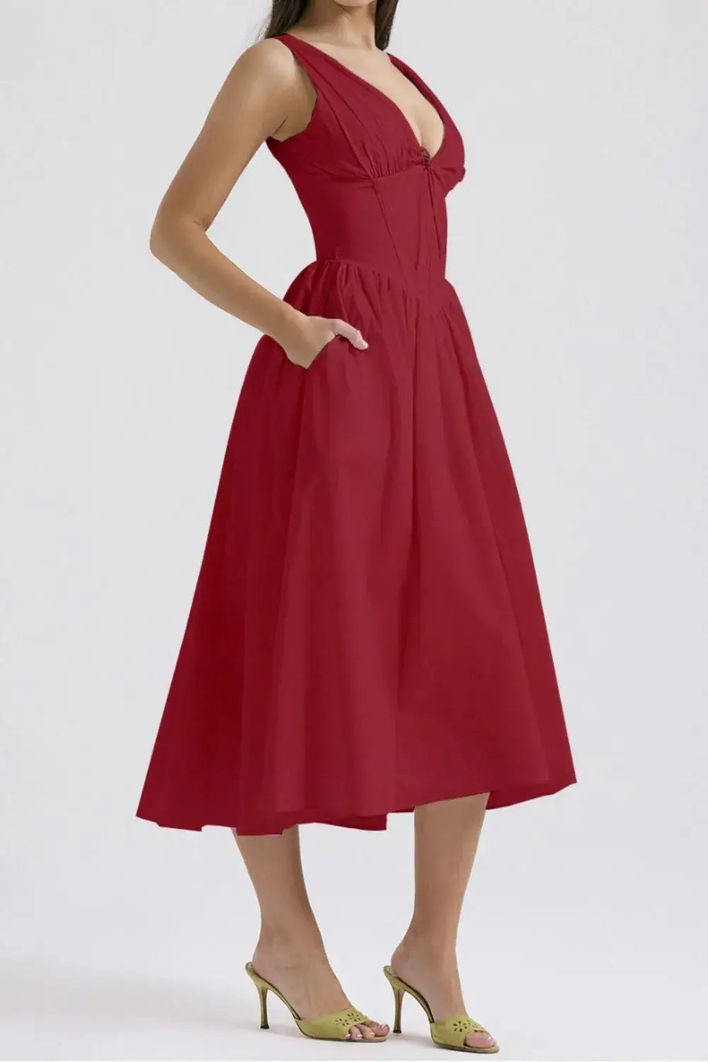Ruched V-Neck Sleeveless Dress with Pockets - dress