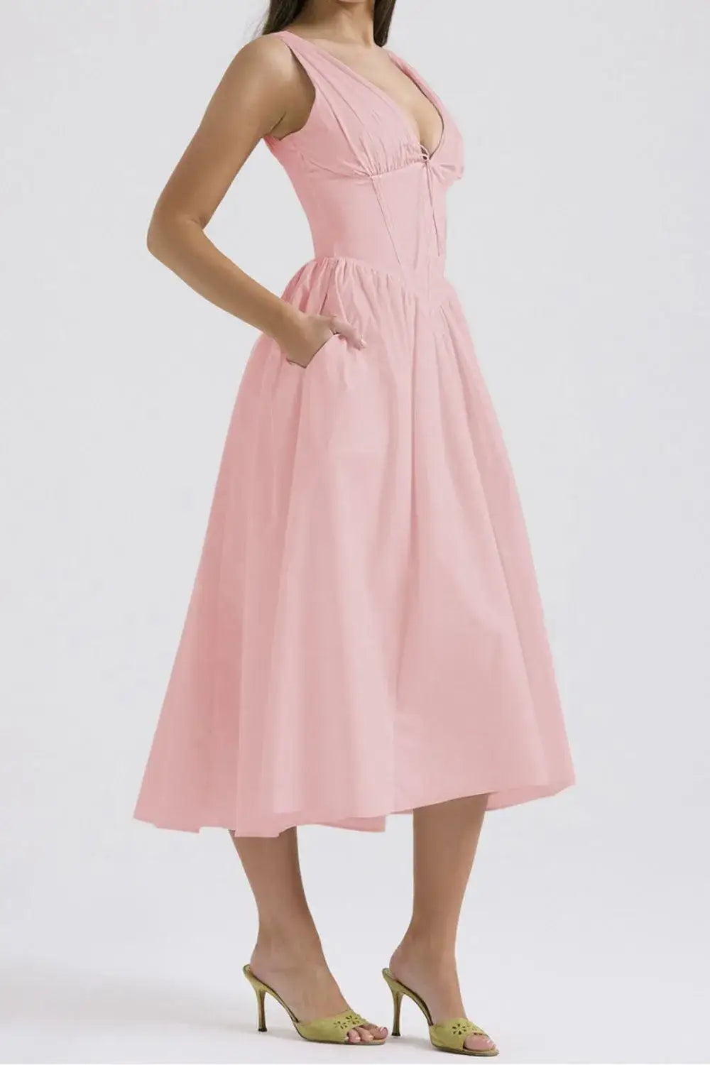 Ruched V-Neck Sleeveless Dress with Pockets - dress