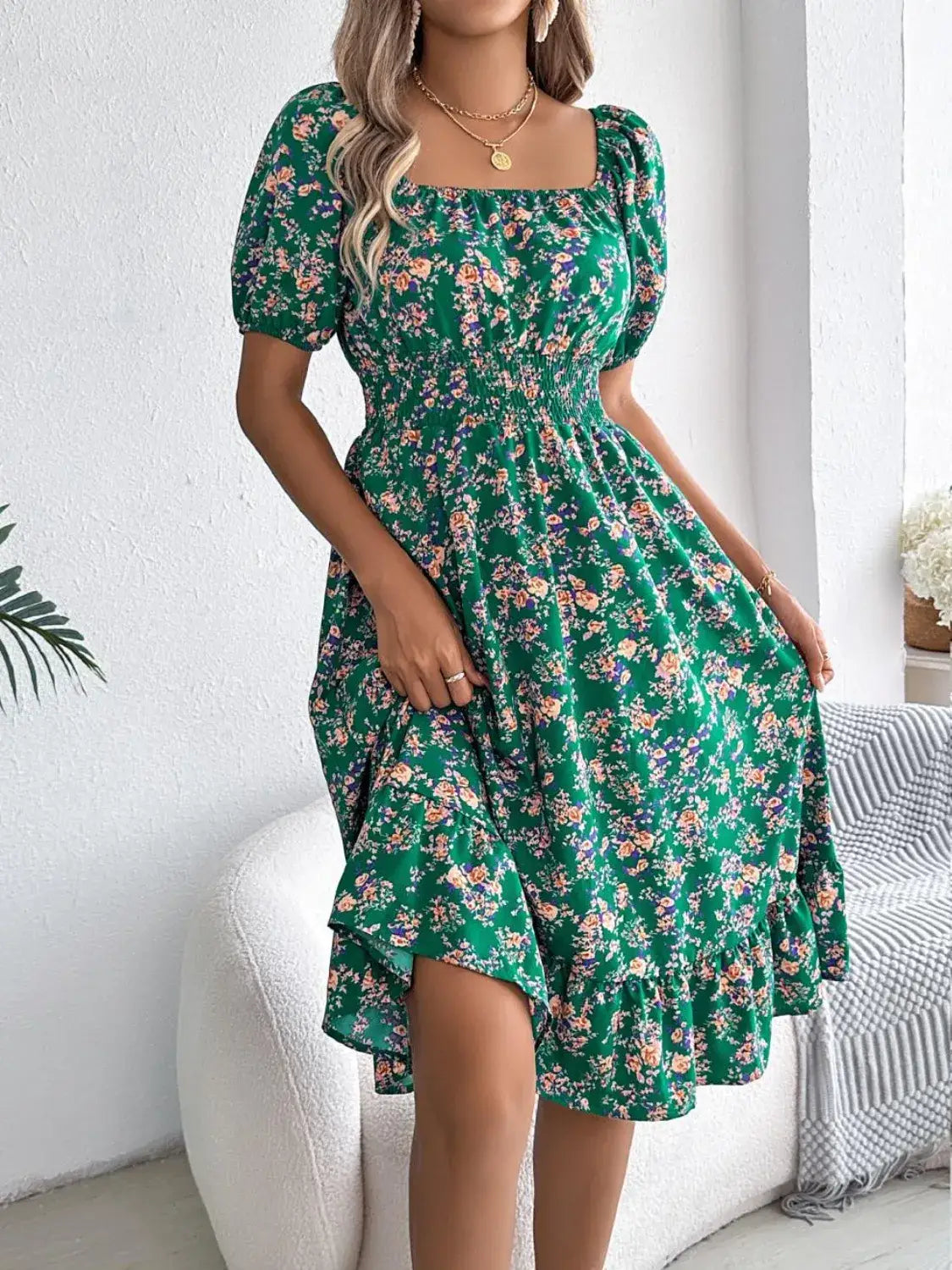 Ruffled Hem Floral Puff Sleeve Dress - dress
