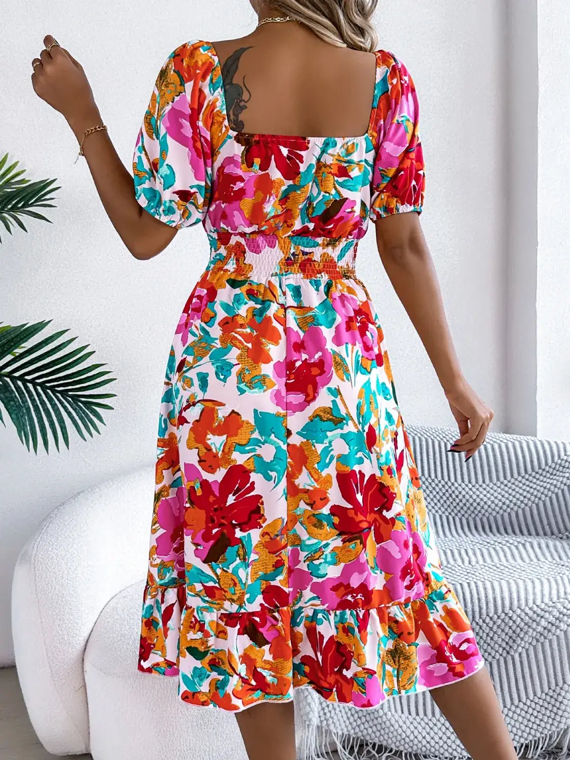 Ruffled Hem Smocked Floral Short Sleeve Midi Dress - dress