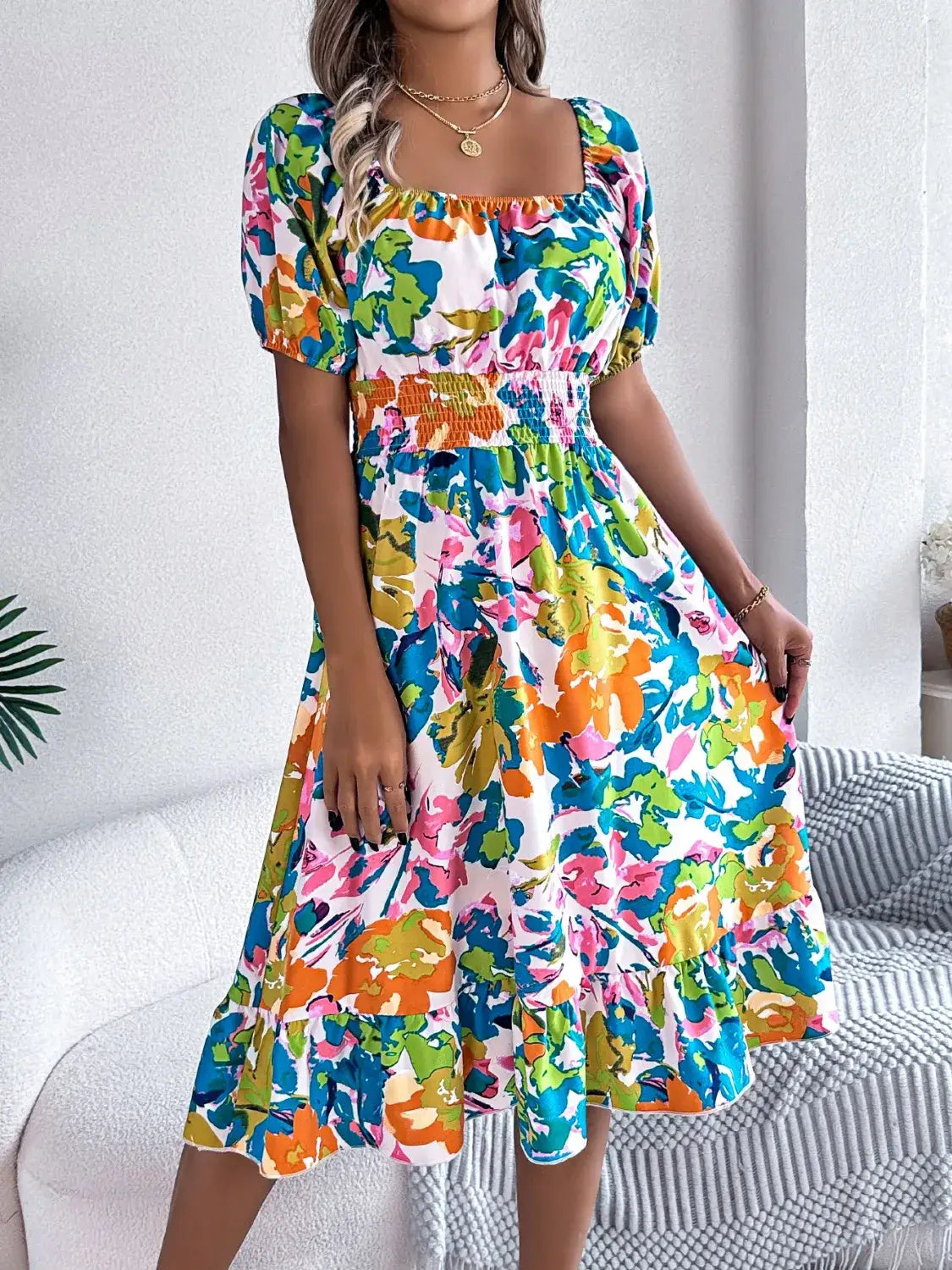 Ruffled Hem Smocked Floral Short Sleeve Midi Dress - dress