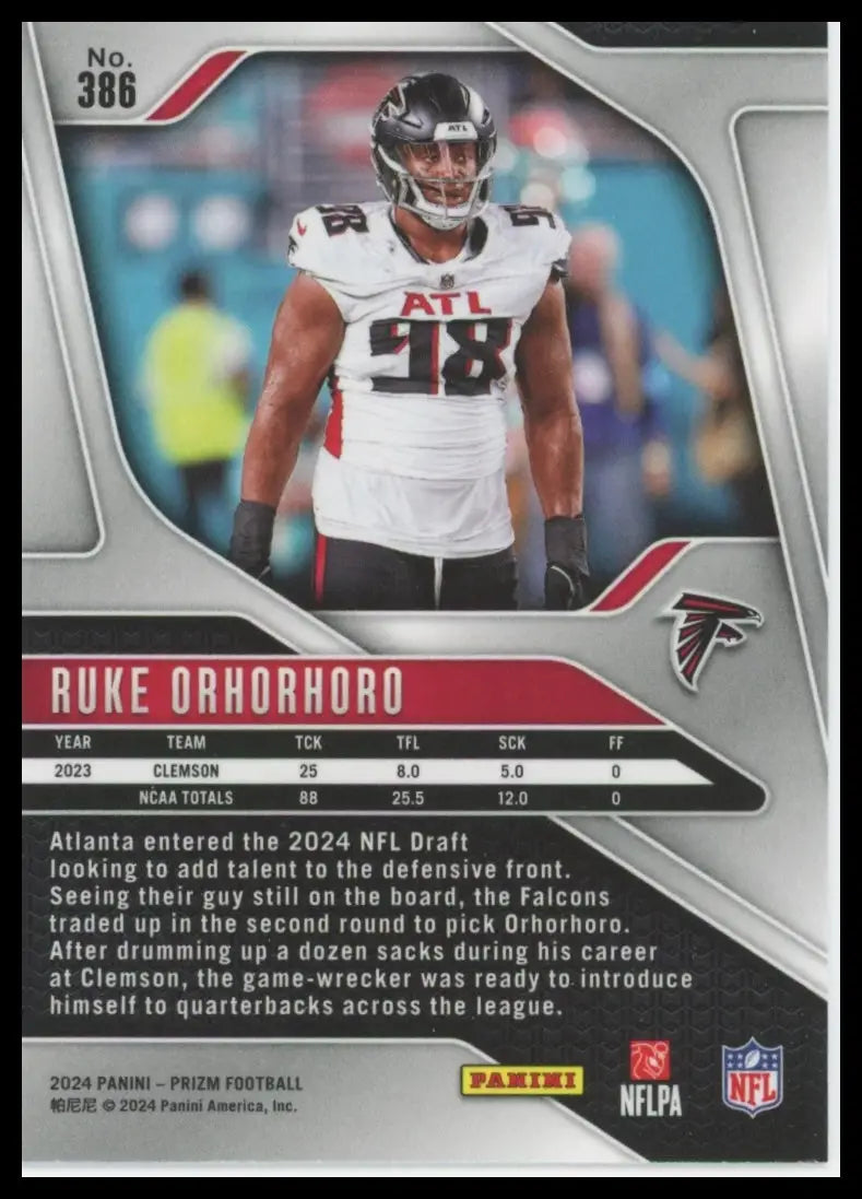 Ruke Orhorhoro 2024 Panini Prizm Football Card displayed in Atlanta Falcons rookie product
