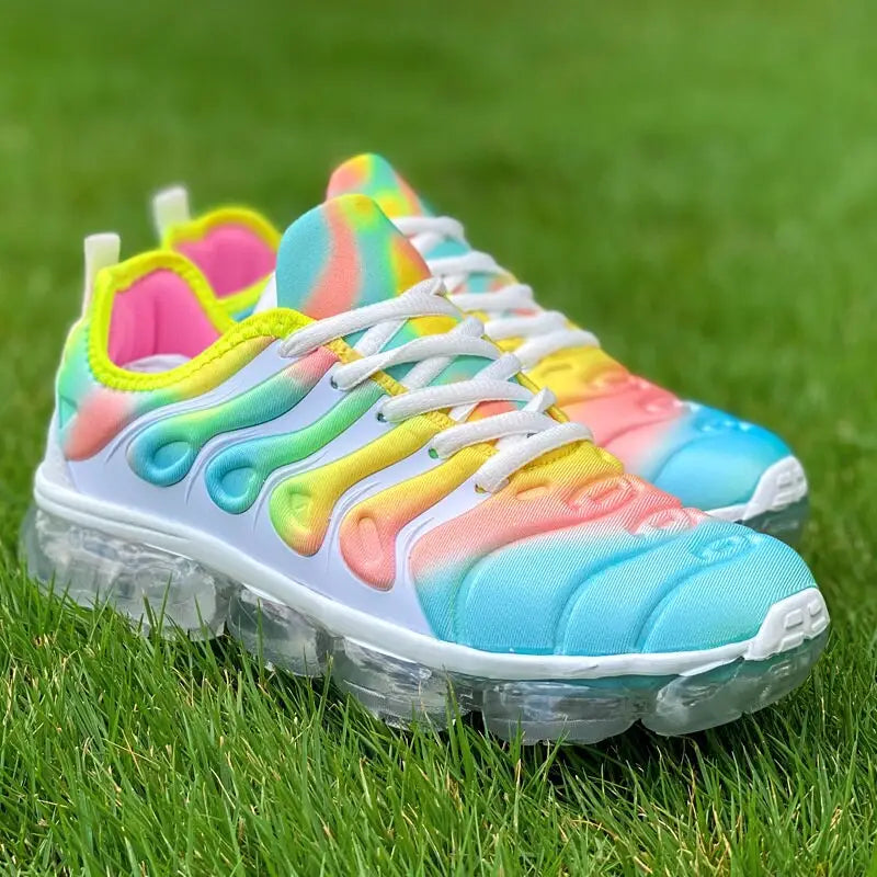 Vibrant colorful sports shoes with clear soles for running training fitness women