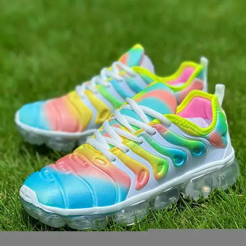 Colorful women sports shoes with rainbow tie-dye and clear bubble soles for running training