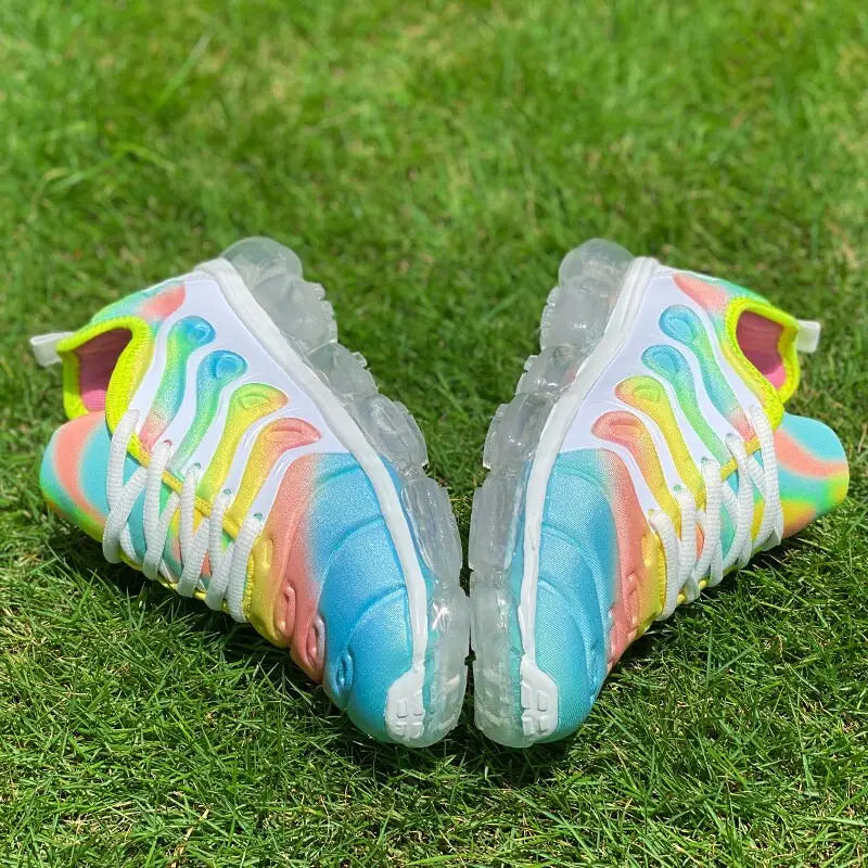 Rainbow-colored sports shoes with clear soles for running training fitness women