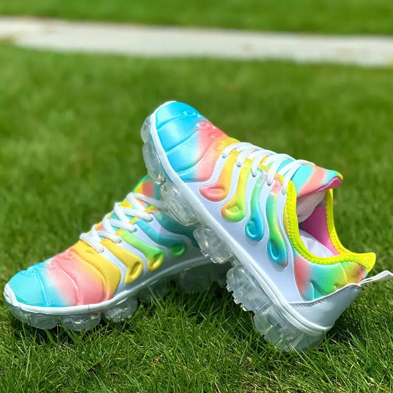 Colorful tie-dye athletic sports shoes with clear bubble soles for running training fitness
