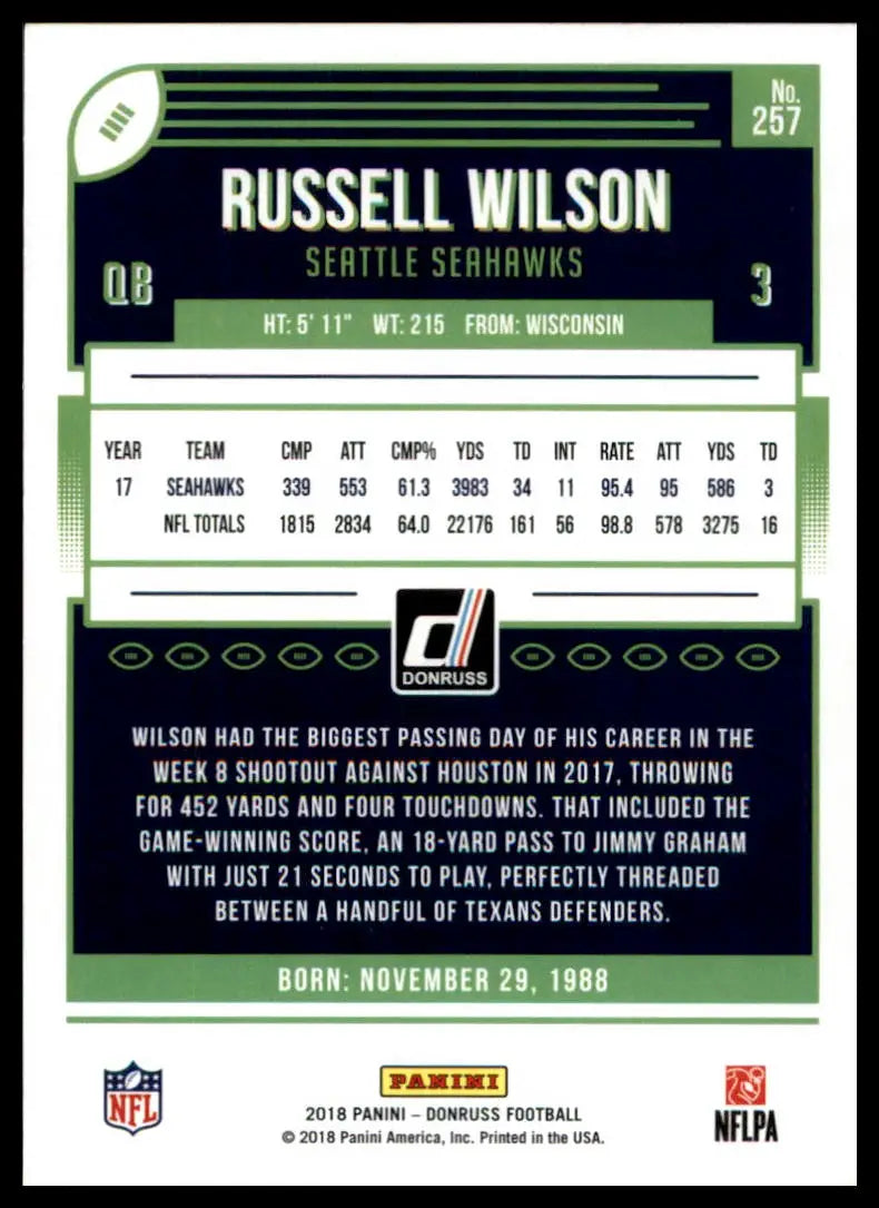 Russell Wilson football card from 2018 Donruss series featuring Seattle Seahawks player