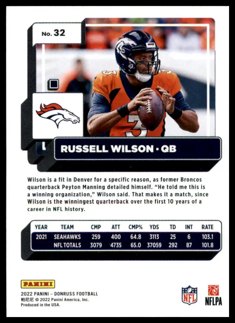 Football trading card featuring Russell Wilson from the 2022 Donruss Denver Broncos series