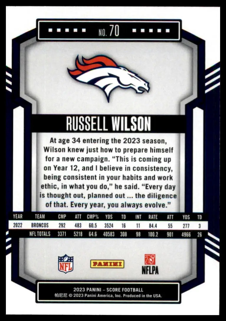 Russell Wilson football card from 2023 Score #70 Denver Broncos product display