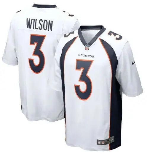 White Denver Broncos Russell Wilson #3 Nike Alternate Game Jersey displayed for sale