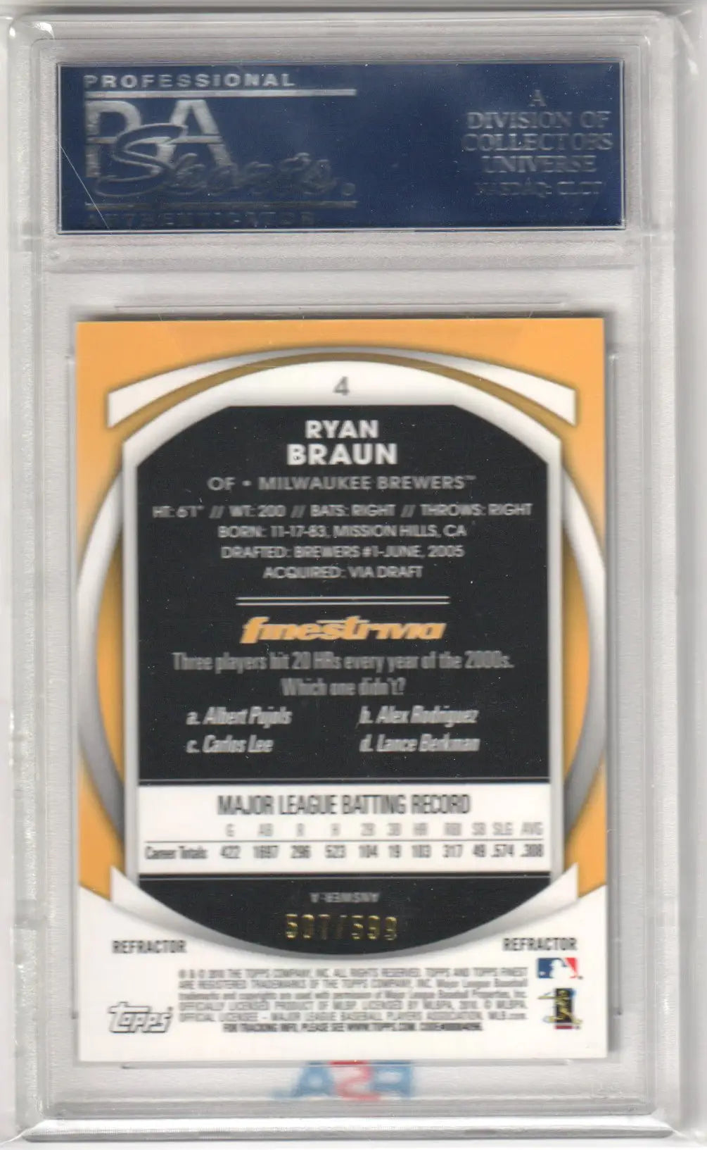 Ryan Braun baseball card Gem Mint Brewers 2010 Finest Refractor Columbia Hobby