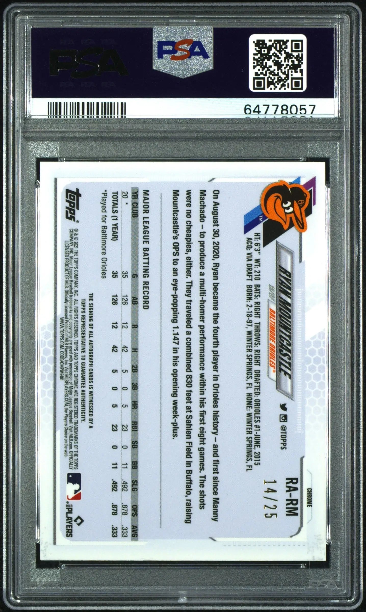 PSA-graded Ryan Mountcastle 2021 Topps Chrome Update Sapphire Orange #14/25 in case with QR code