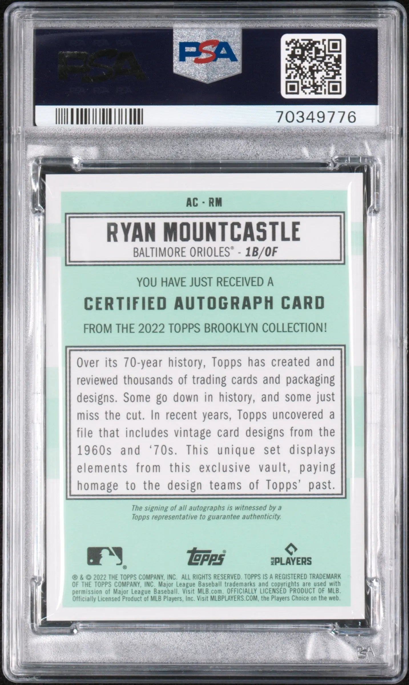 Ryan Mountcastle 2022 Topps Brooklyn Collection Autograph Red in PSA 10 slab