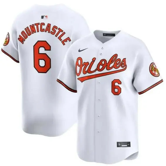 White Baltimore Orioles Ryan Mountcastle Nike Home Limited Player Jersey on display