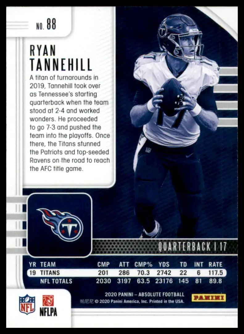 Ryan Tannehill Panini Absolute football card with stats and Tennessee Titans logo