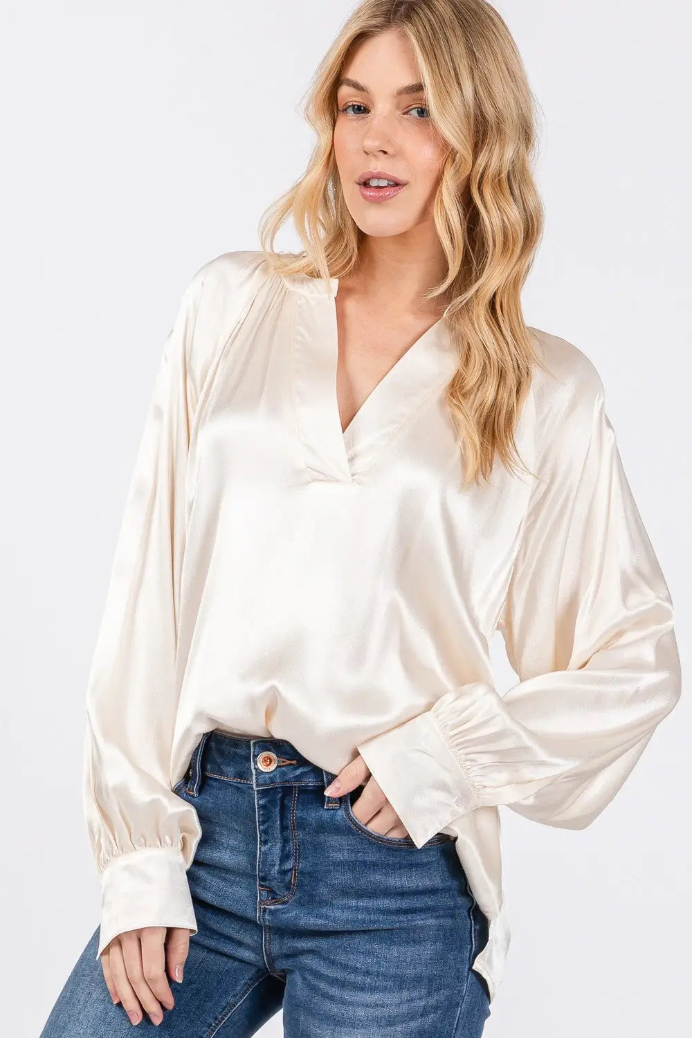 Loose-fitting cream satin long-sleeve blouse with V-neckline from SAGE + FIG